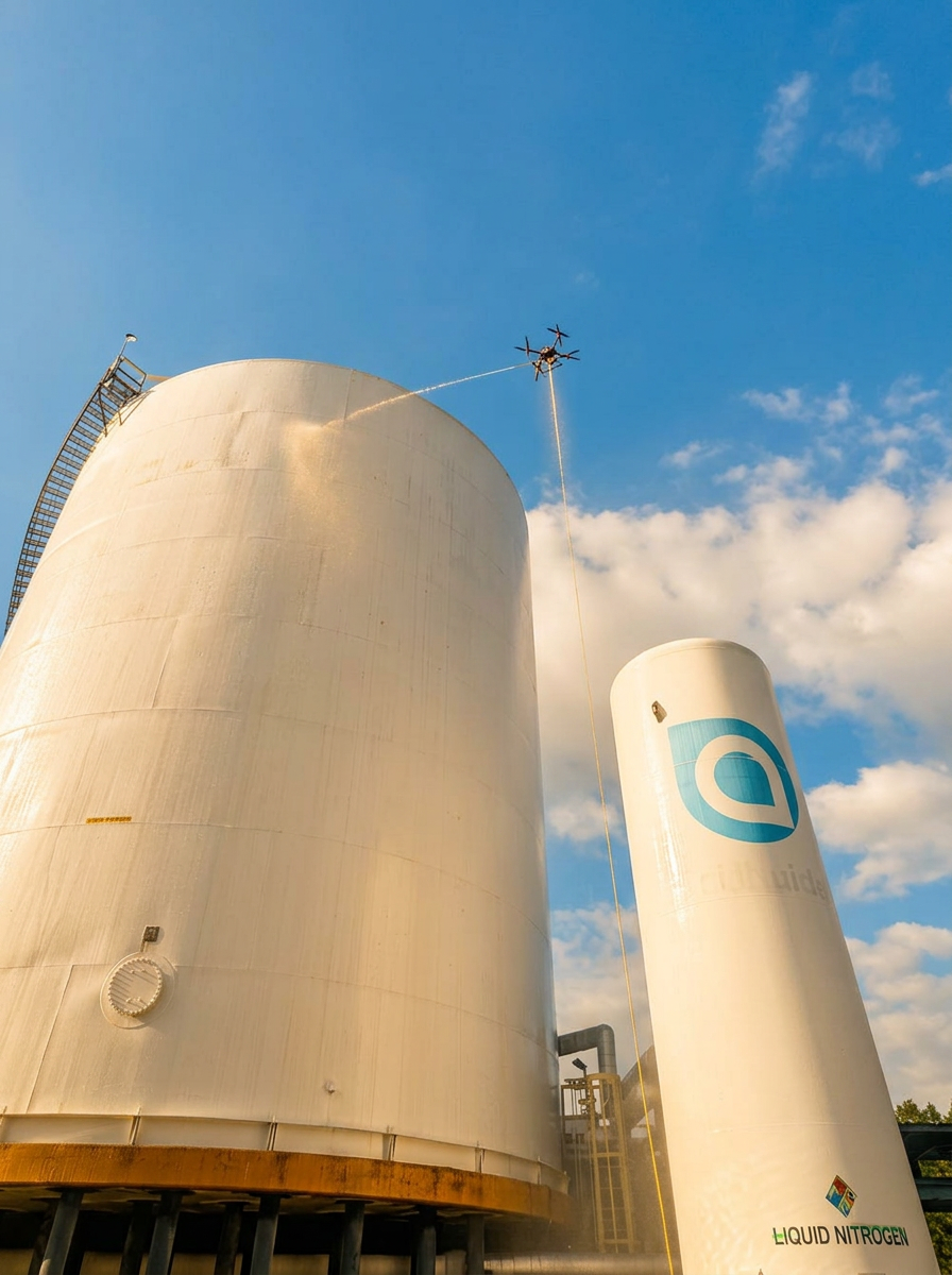 Industrial drone cleaning a tall storage silo from above